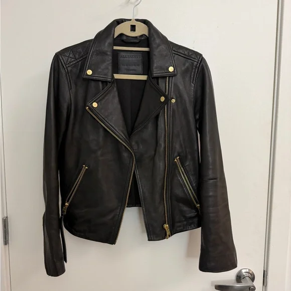 All Saints Black Leather Biker Jacket with Gold Hardware - Picture 1 of 5